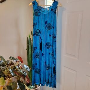 Kaktus Blue Fish Printed Smocked Sleeveless Summer Vacation Dress, Size‎ Small